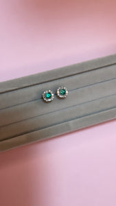 Sugarloaf Emerald & Baguette Diamond Halo Studs