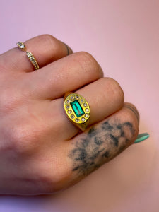 Deep Emerald Diamond Oval Chubby Signet Ring