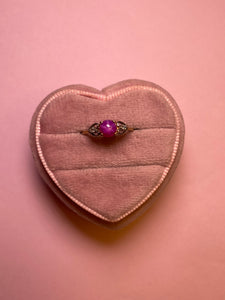 Hot Pink Star Sapphire Cabochon Double Diamond Heart Ring