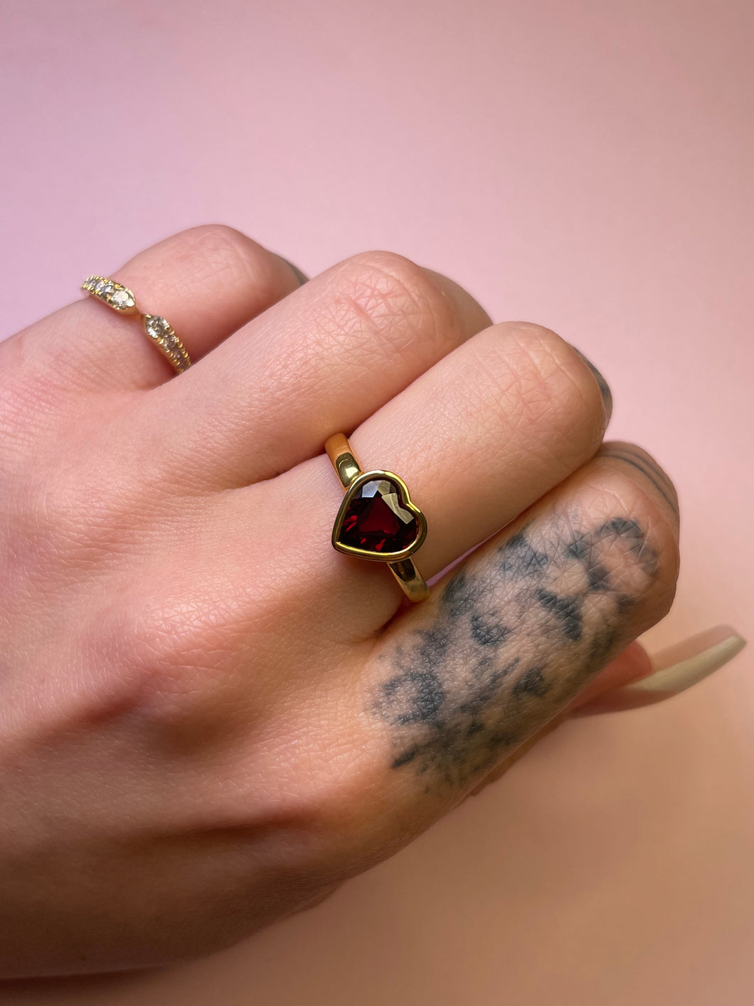 Deep Red Garnet Heart Bezel Ring