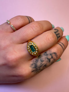 Deep Emerald Diamond Oval Chubby Signet Ring