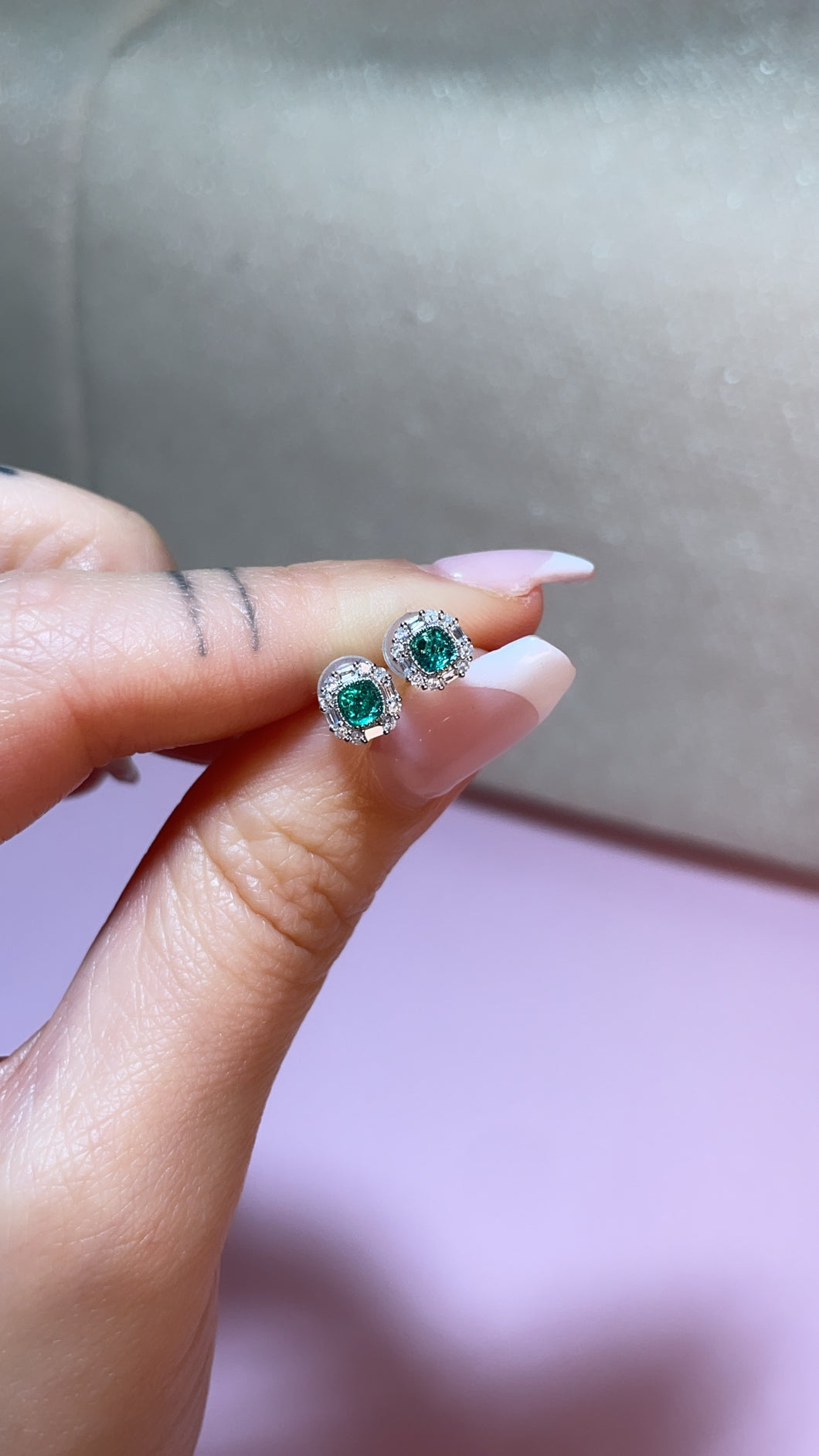 Sugarloaf Emerald & Baguette Diamond Halo Studs