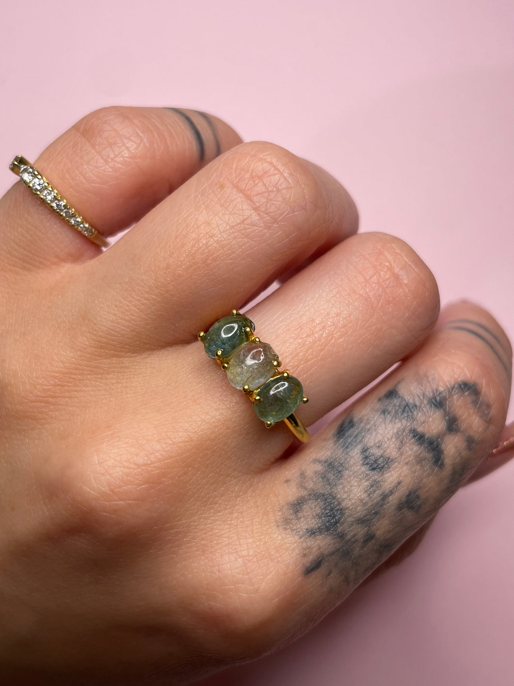 Triple Green Tourmaline Cabochon Prong Set Ring